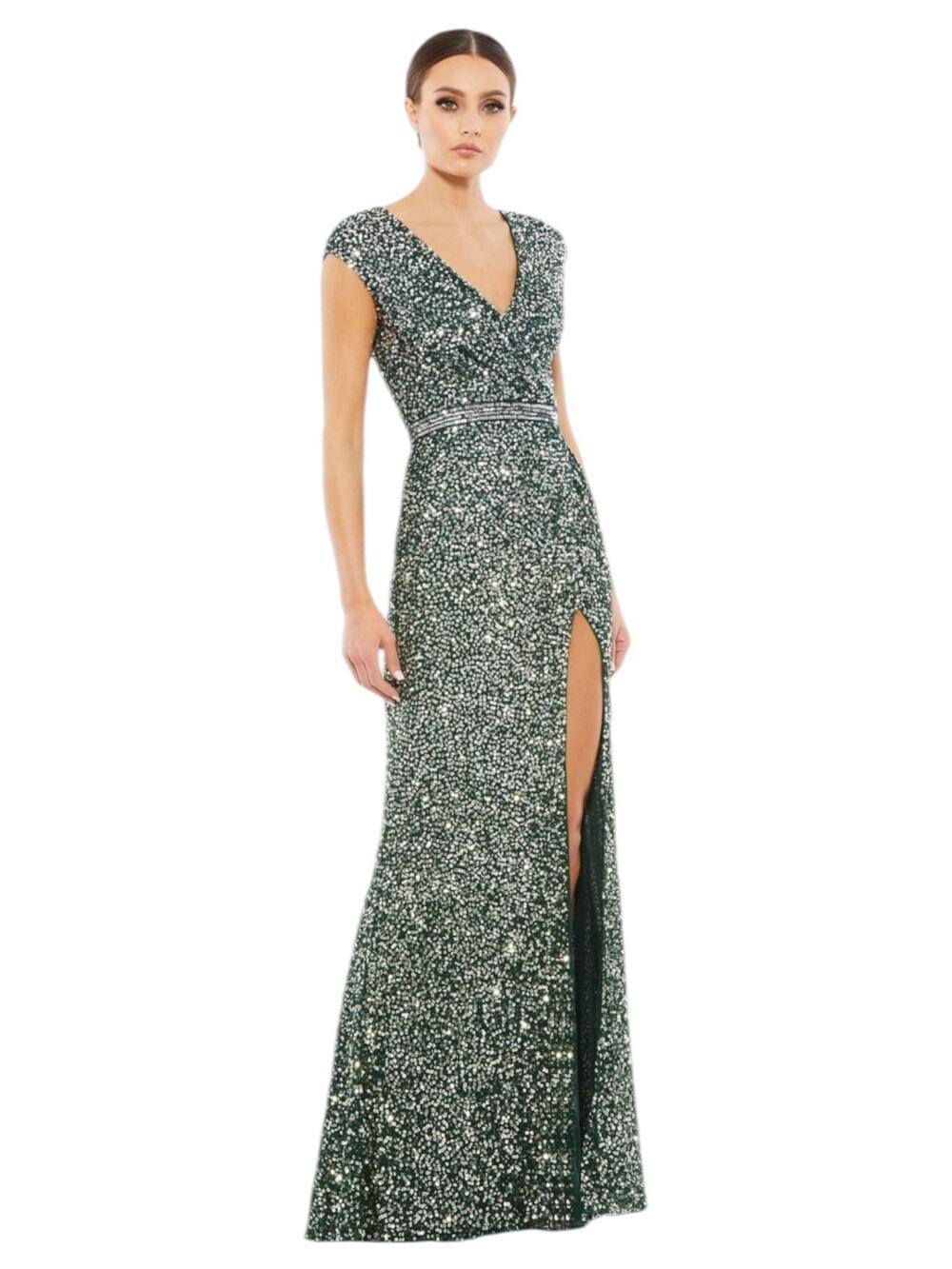 Mac Duggal Column Sequin Cap Sleeve High Slit Gown Size 2 Style #5489 NWT